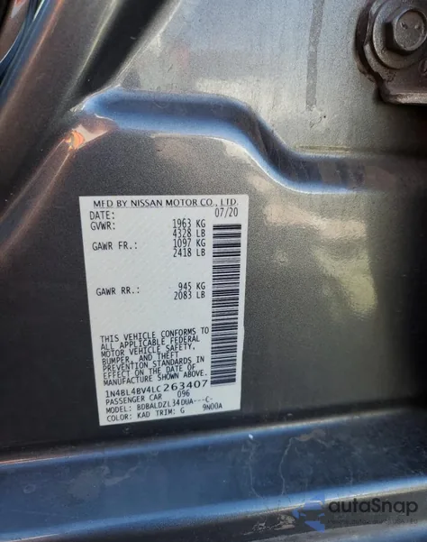 2020 Nissan Altima S z USA, uszkodzony, nr VIN 1N4BL4BV4LC263407